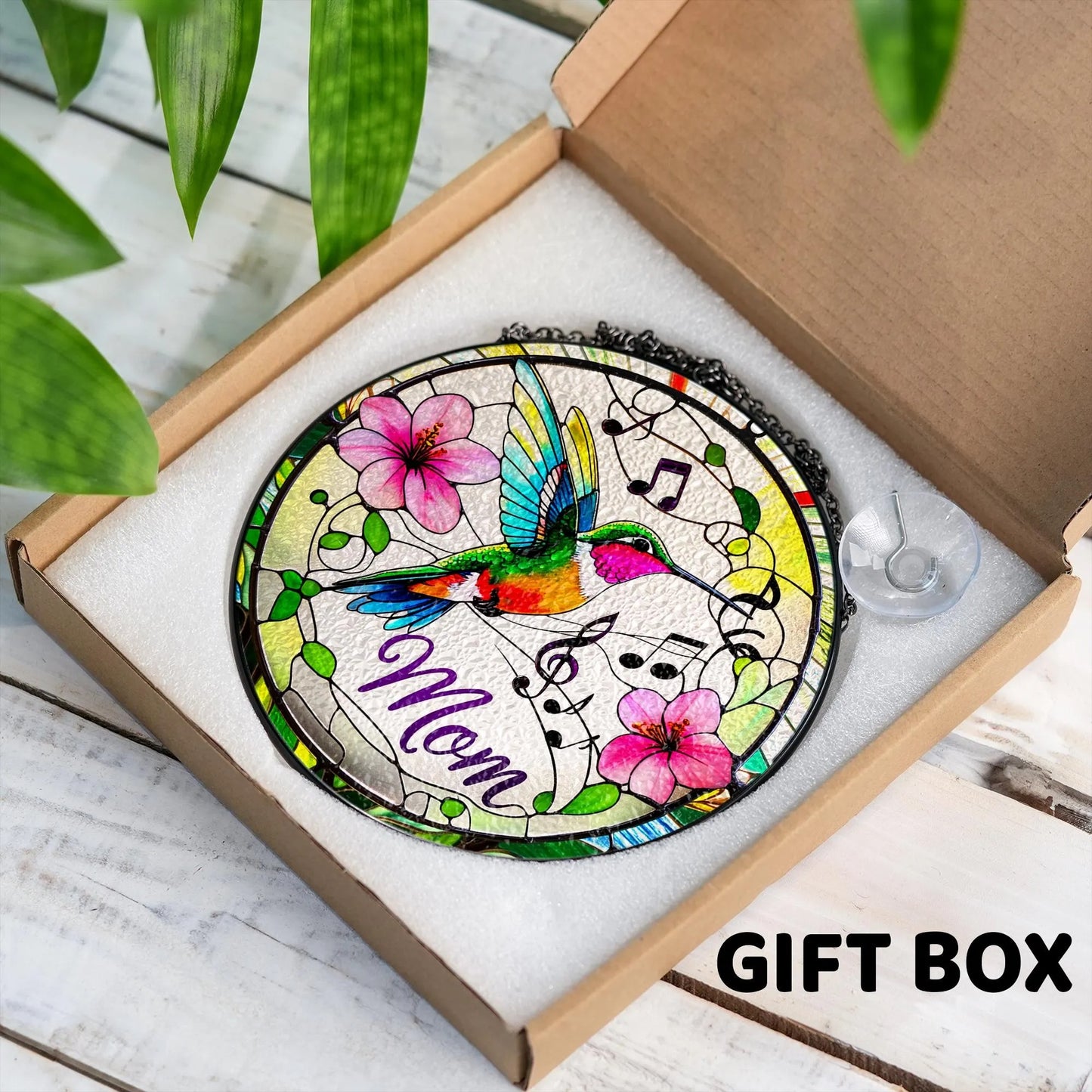 Netecom Personalized Hummingbird Stained Glass Suncatcher, Custom Window Hanging, Bird Ornament for Mom, Personalized Mother’s Day Gift, Nature Art
