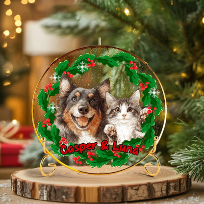 Netecom Custom Pet Portrait Stained Glass Suncatcher – Personalized Pet Memorial Gift, Dog, Cat, Parrot, Horse Ornament, Golden Frame Window Hanging Decor