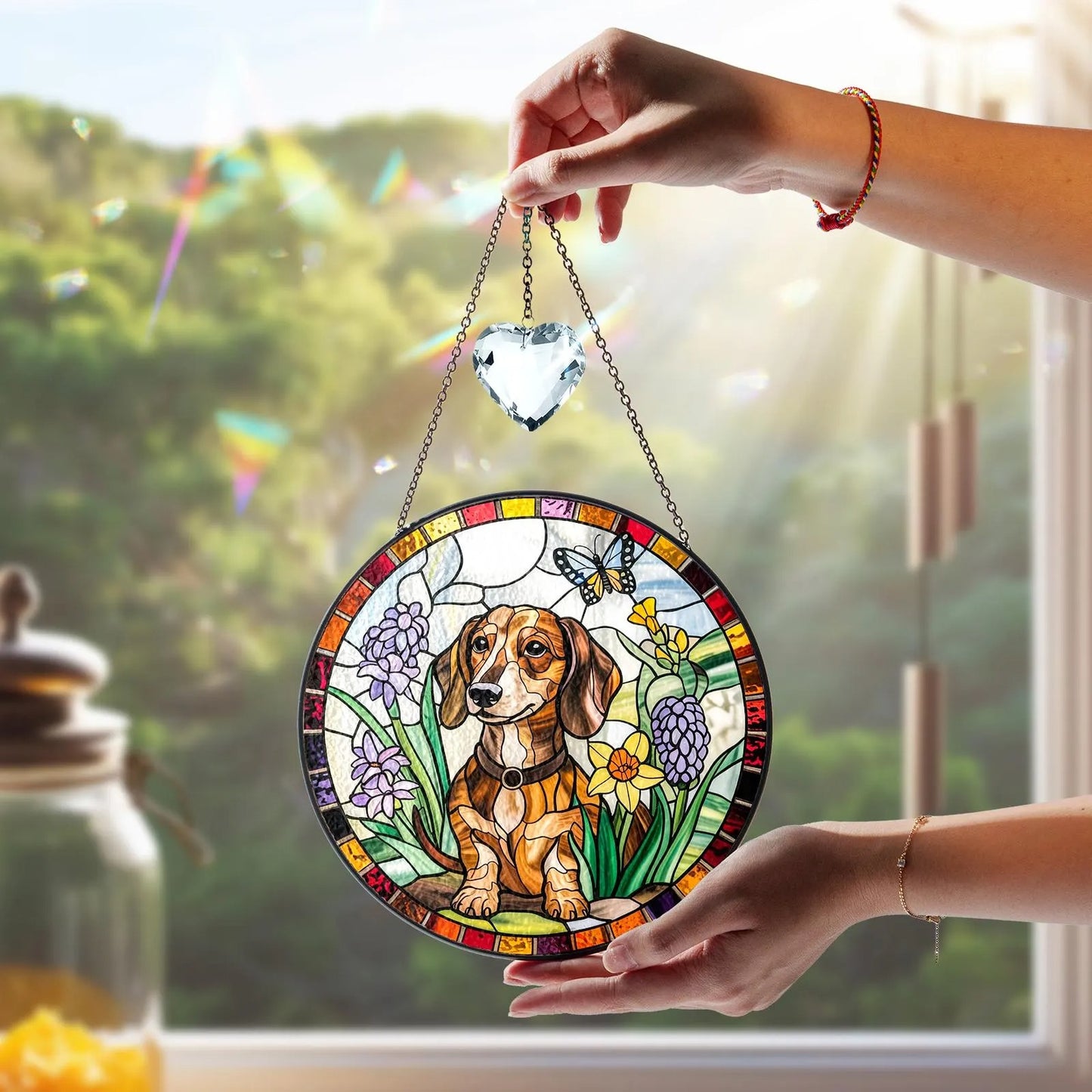 Netecom Dachshund Dog Stained Glass Suncatcher with Crystal – Personalized Pet Memorial Gift, Dachshund Lover Gift, Dog Lover Home Decor, Window Hanging Ornament