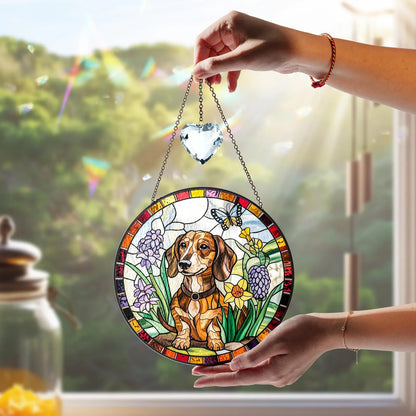 Netecom Dachshund Dog Stained Glass Suncatcher with Crystal – Personalized Pet Memorial Gift, Dachshund Lover Gift, Dog Lover Home Decor, Window Hanging Ornament