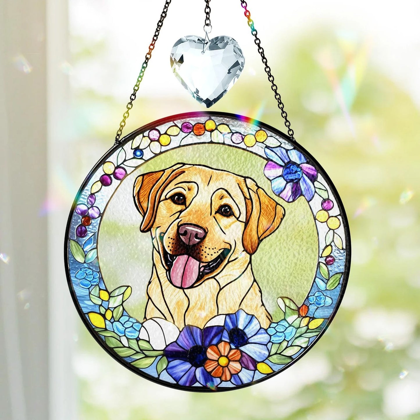 Netecom Personalized Pet Portrait Crystal Suncatcher, Custom Dog Cat Horse Memorial Gift, Stained Glass Style Pet Photo Ornament, Loss of Pet Sympathy Gift