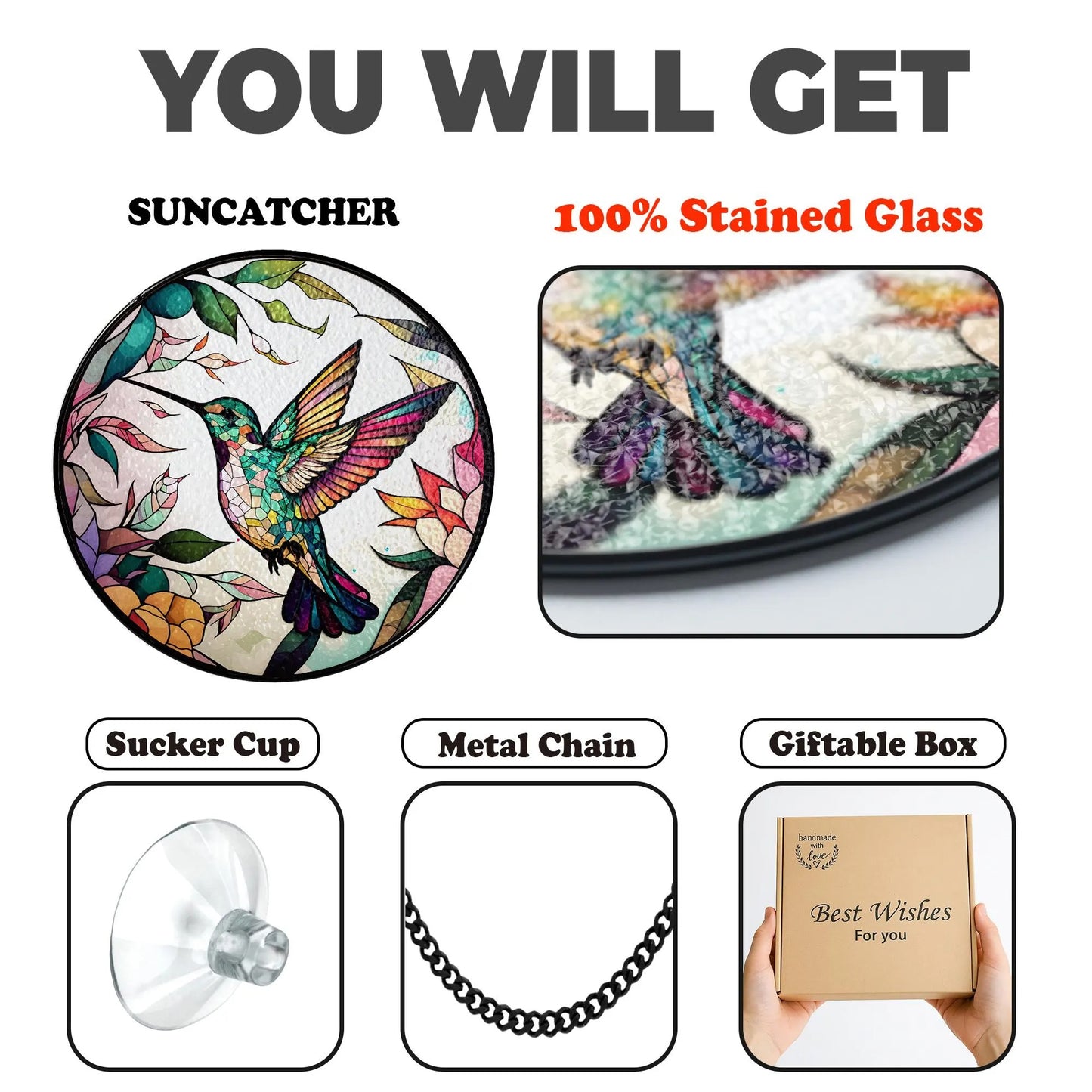 Netecom Hummingbird Stained Glass Suncatcher – Handcrafted Window Hanging, Bird Lover Gifts, Memorial Gift for Mom, Colorful Glass Art for Home Decor