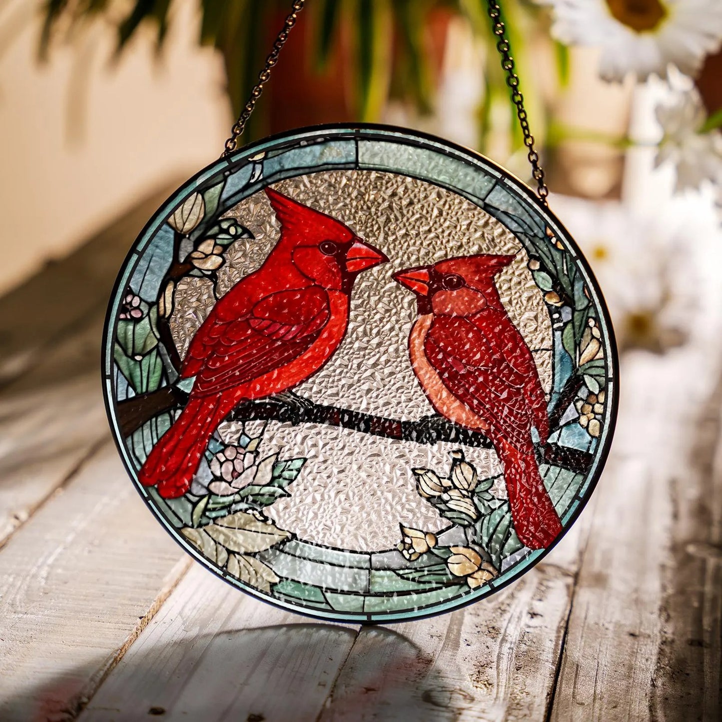 Netecom Male and Female Red Cardinal Stained Glass Suncatcher – Lovebirds Window Hanging, Gifts for Mom and Couples, Red Bird SunCatcher