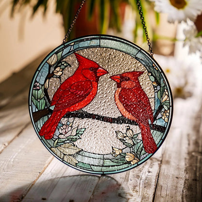 Netecom Male and Female Red Cardinal Stained Glass Suncatcher – Lovebirds Window Hanging, Gifts for Mom and Couples, Red Bird SunCatcher
