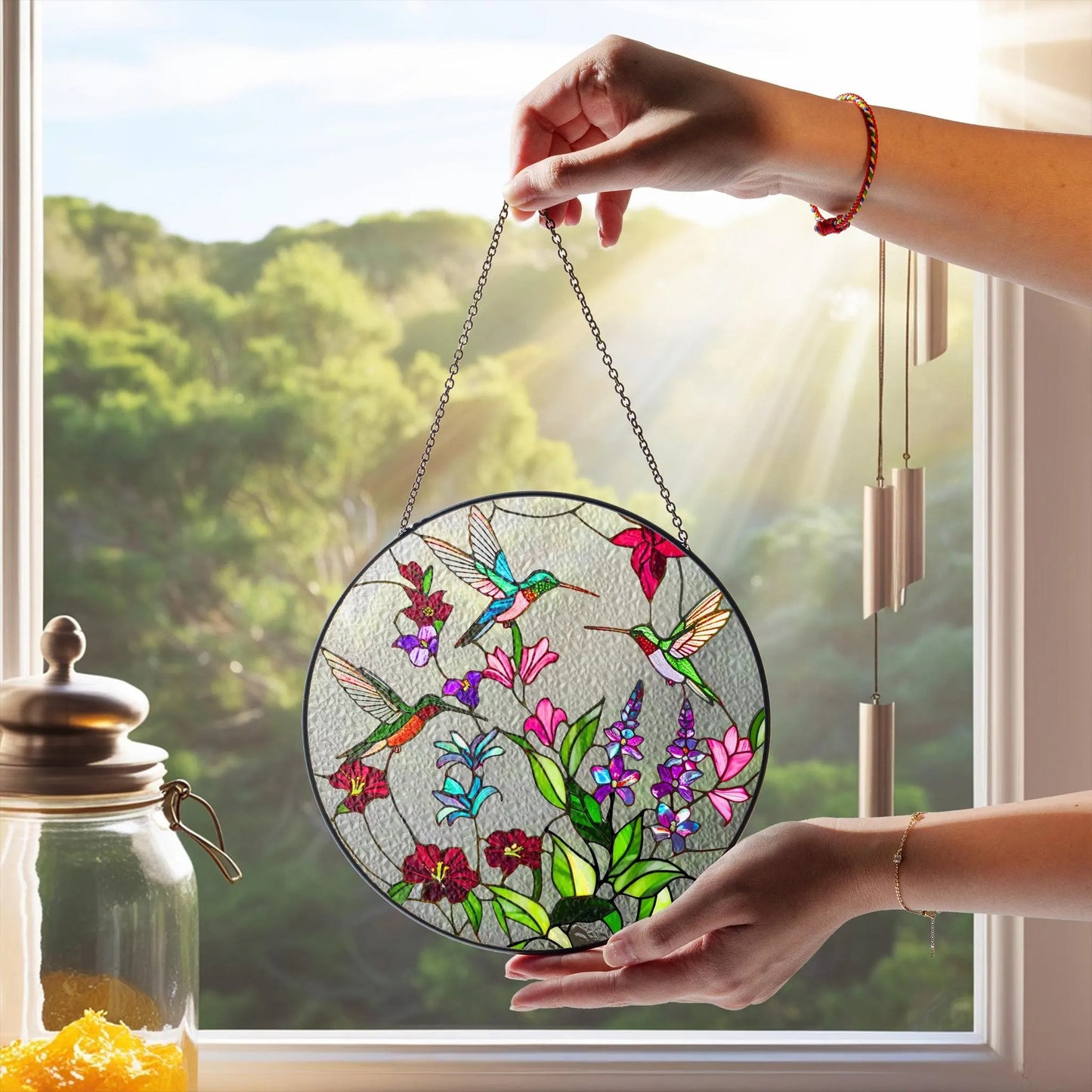 Netecom Hummingbird Glass Suncatcher – Hummingbirds and Wild Flowers Stained Glass, Window Hanging Ornament, Hummingbird Lover Gift, Home Decor for Women