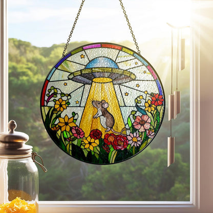 Netecom UFO Abduction Opossum Stained Glass Suncatcher – Funny Window Hanging, Opossum and Alien Decor, Unique Gift for Women, Indoor Acrylic Sun Catcher