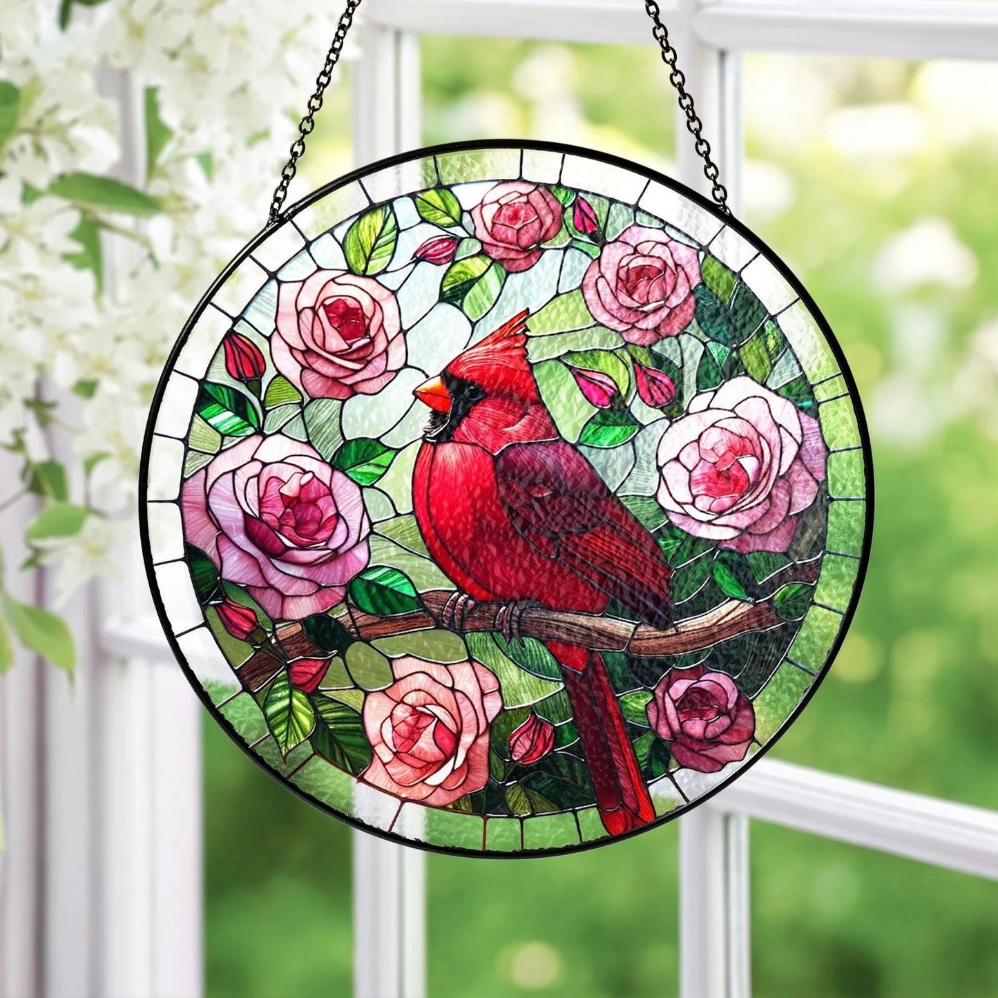 Netecom Red Cardinal Stained Glass Suncatcher – Cardinal Glass Art, Window Hanging Decor, Bird Lover Gift for Mom, Grandma, Mother’s Day, Home Decor