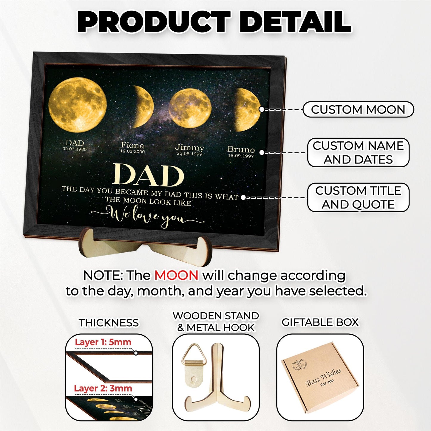 Netecom Personalized Moon Phase Frame for Dad with Children’s Names, Gift for the Day You Became My Dad, Moon Phase Art Frame, Father’s Day Gift, Gift for Dad