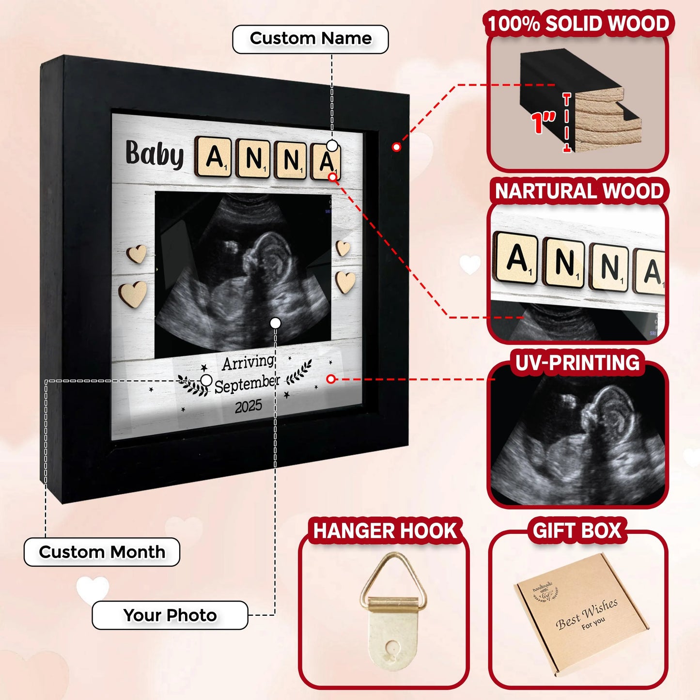 Netecom Personalized Baby Ultrasound Frame, Pregnancy Announcement Gift, Custom Sonogram Photo Frame with Baby Name & Due Date, Baby Arrival Keepsake, Nursery Decor