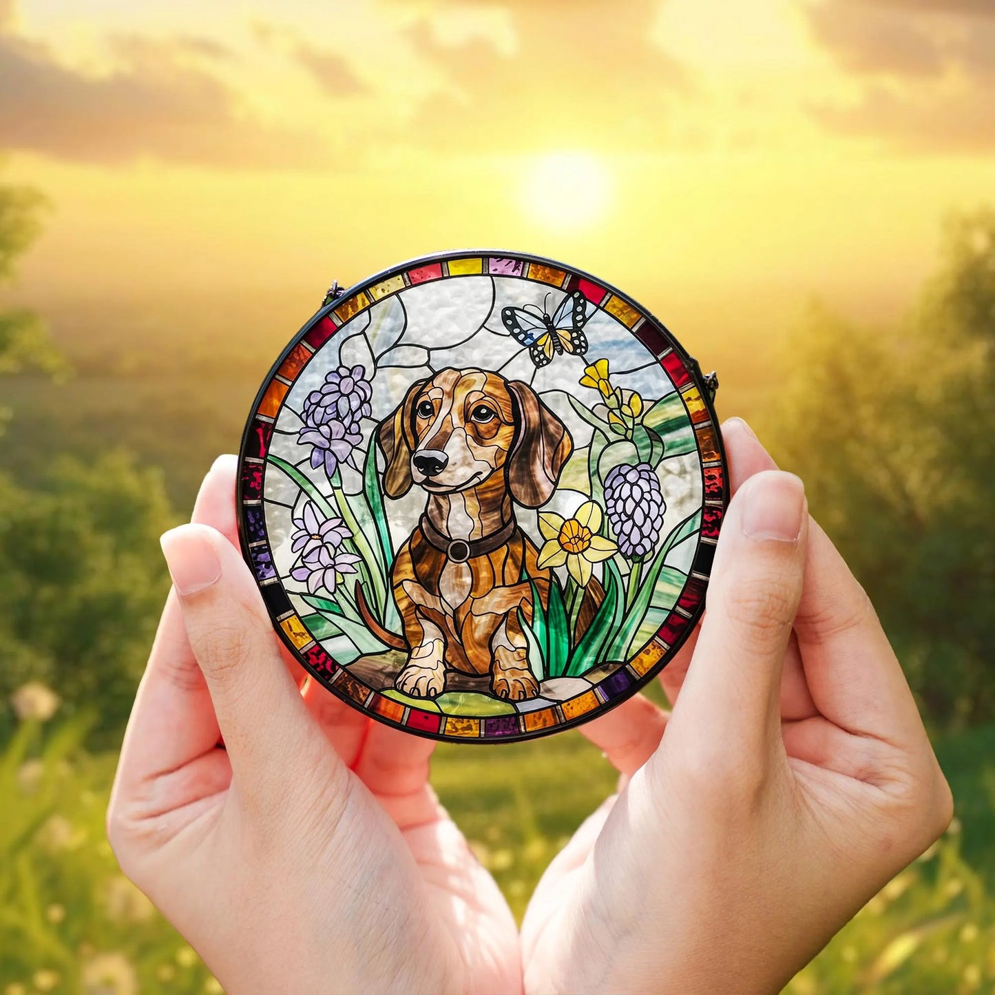 Netecom Dachshund Dog Stained Glass Suncatcher with Crystal – Personalized Pet Memorial Gift, Dachshund Lover Gift, Dog Lover Home Decor, Window Hanging Ornament