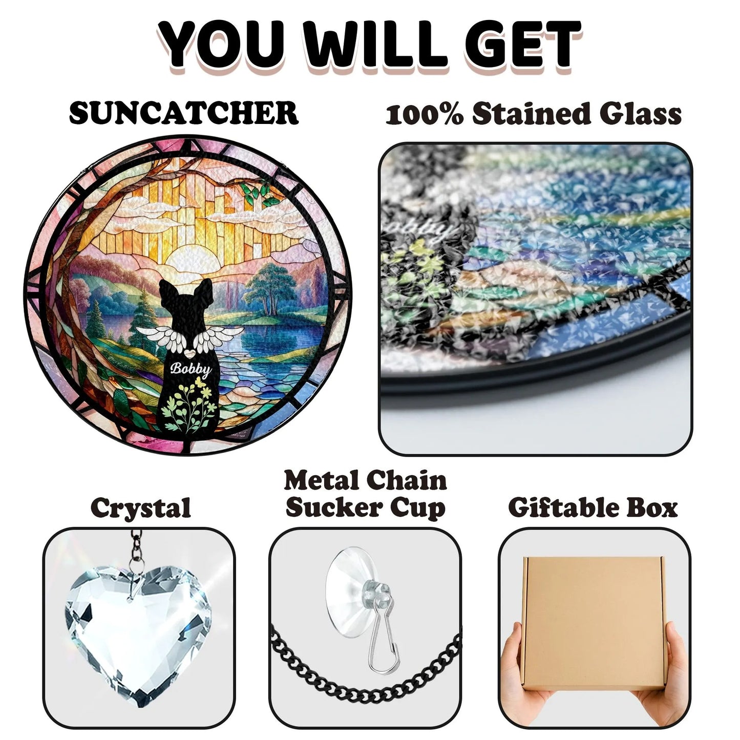 Netecom Personalized Cat Portrait Glass Suncatcher with Crystal – Custom Cat Memorial, Pet Loss Remembrance Gift, In Loving Memory
