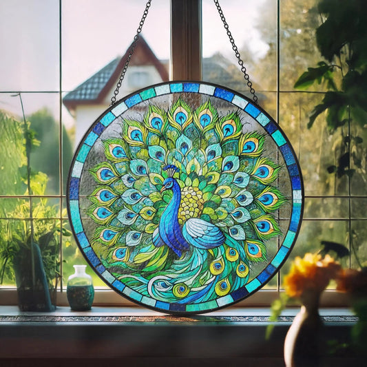 Netecom Peacock Stained Glass Suncatcher Window Hanging, Floral Peacock Art Decor, Colorful Window Ornament, Gift for Peacock Lovers Nature Fans