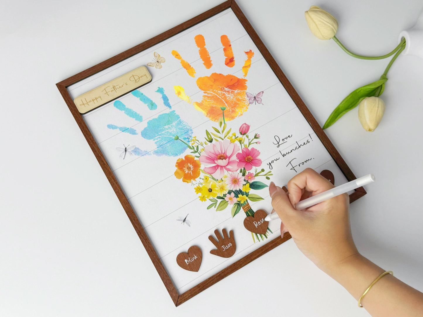 Netecom Personalized Handprint Flower Art Wooden Frame, Children’s Handprint Keepsake Gift for Mom, DIY Baby Handprint Wall Decor, Meaningful Birthday and Mother’s Day Gift