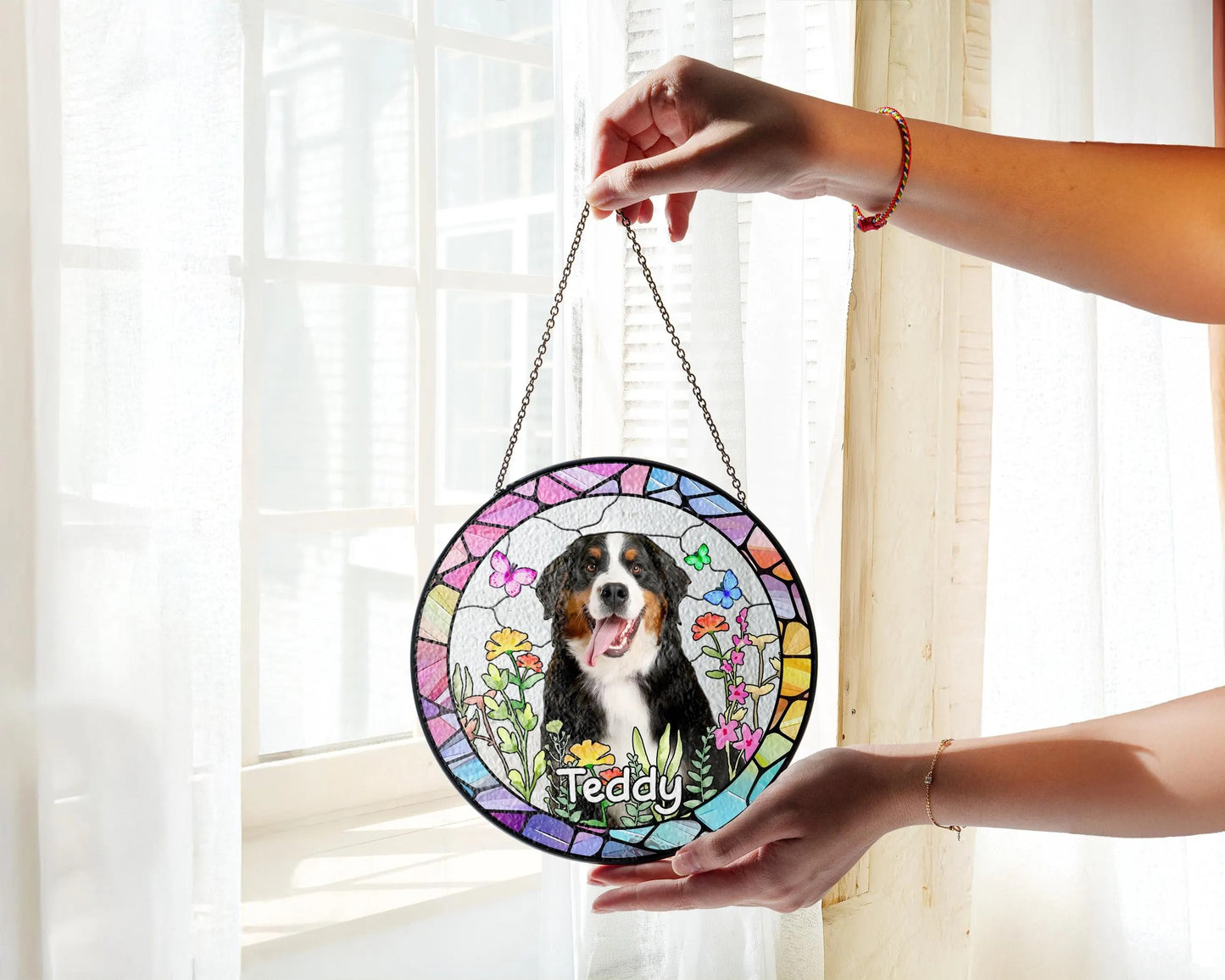 Netecom Custom Dog Suncatcher With Name, Pet Portrait Stained Glass Suncatcher, Pet Loss Sympathy, Dog Memorial Gift, Cat Memorial Photo, Window Hanging
