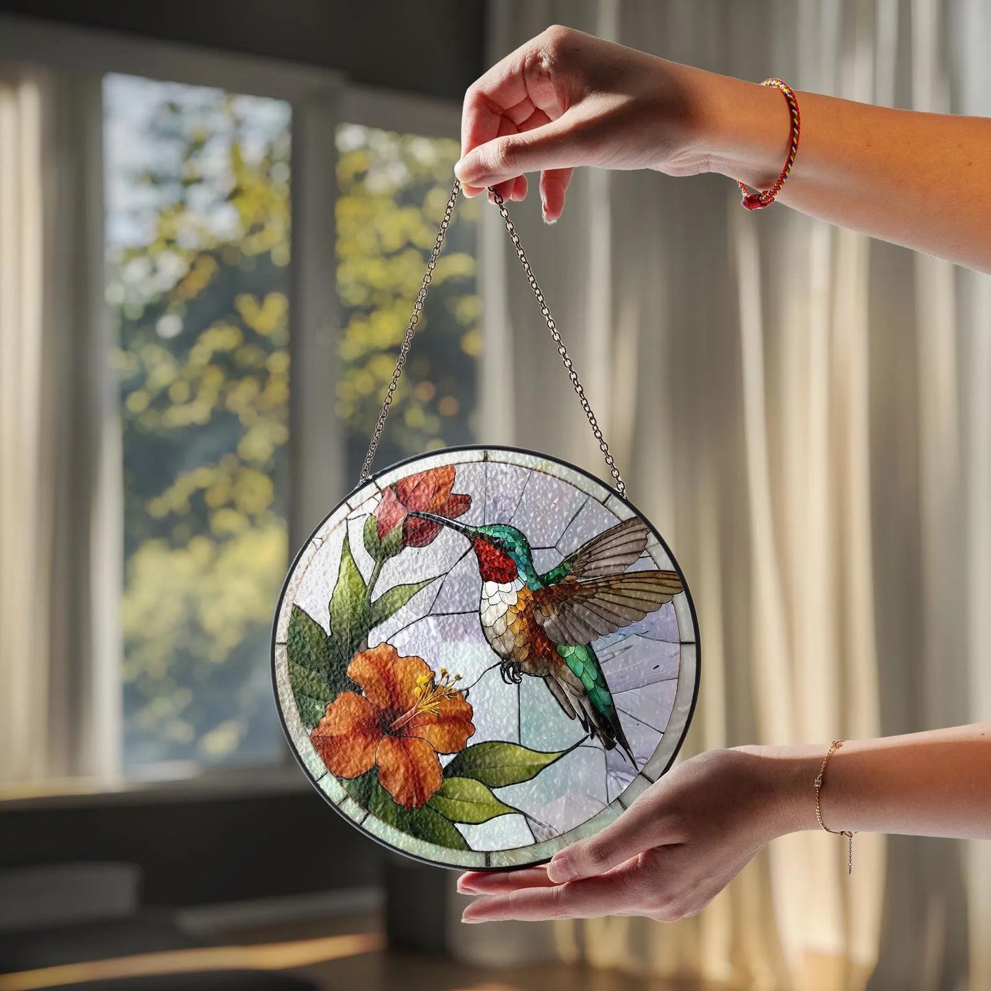 Netecom Hummingbirds and Wild Flowers Stained Glass Suncatcher – Window Hanging Nature Art, Grandma Gift, Light Catcher Wall Decor for Women Mom