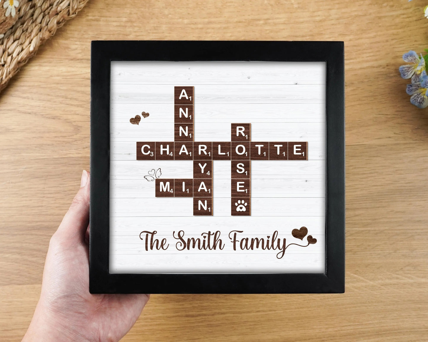 Netecom Personalized Family Scrabble Puzzle Frame Custom Family Name Sign Grandkids Keepsake Family Memory Board