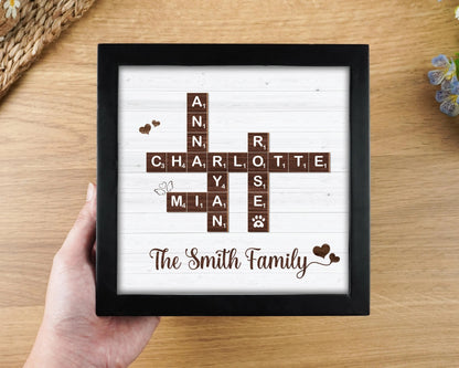 Netecom Personalized Family Scrabble Puzzle Frame Custom Family Name Sign Grandkids Keepsake Family Memory Board