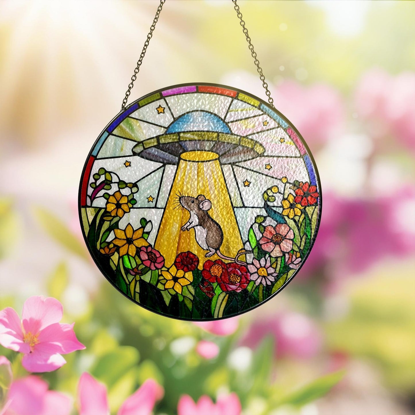 Netecom UFO Abduction Opossum Stained Glass Suncatcher – Funny Window Hanging, Opossum and Alien Decor, Unique Gift for Women, Indoor Acrylic Sun Catcher