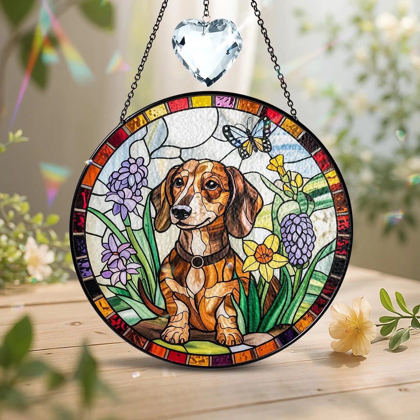 Netecom Dachshund Dog Stained Glass Suncatcher with Crystal – Personalized Pet Memorial Gift, Dachshund Lover Gift, Dog Lover Home Decor, Window Hanging Ornament