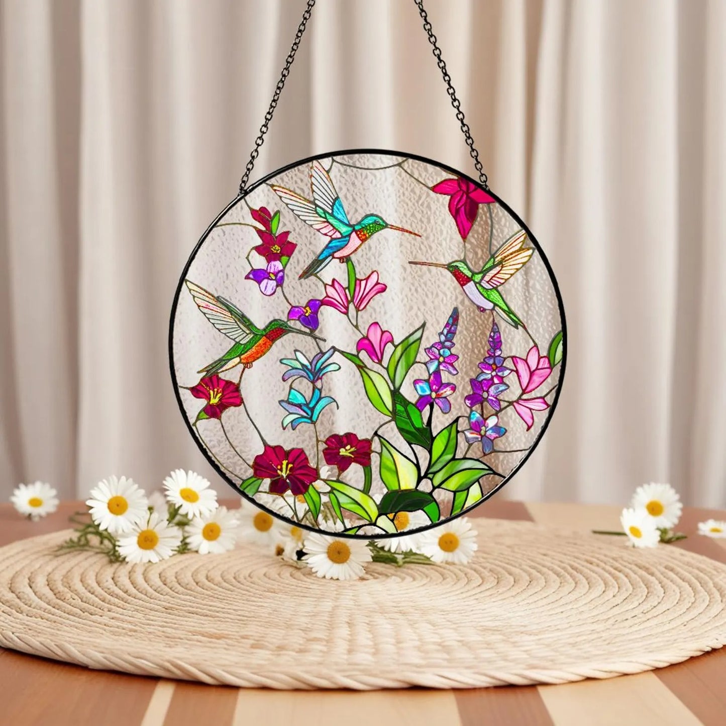 Netecom Hummingbird Glass Suncatcher – Hummingbirds and Wild Flowers Stained Glass, Window Hanging Ornament, Hummingbird Lover Gift, Home Decor for Women