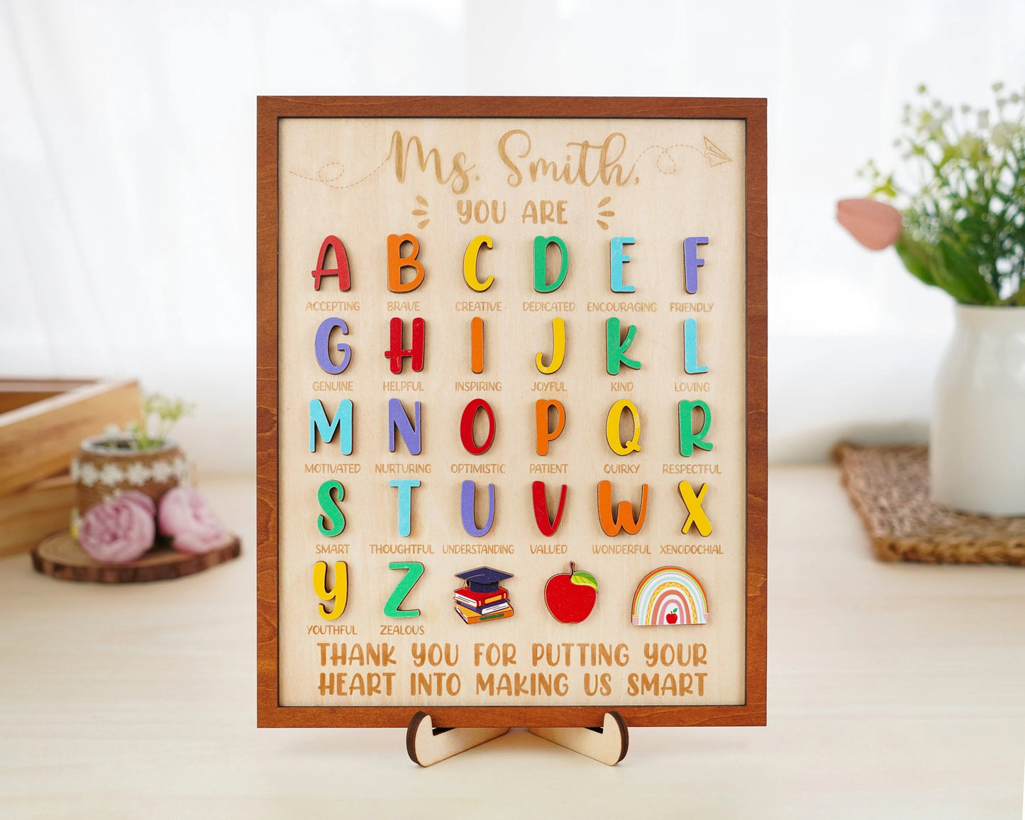 Netecom Personalized ABC Teacher Appreciation Wooden Sign, Custom Teacher Name Wall Art, A to Z Classroom Decor, Thank You Gift for Preschool & Kindergarten Teachers