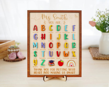 Netecom Personalized ABC Teacher Appreciation Wooden Sign, Custom Teacher Name Wall Art, A to Z Classroom Decor, Thank You Gift for Preschool & Kindergarten Teachers