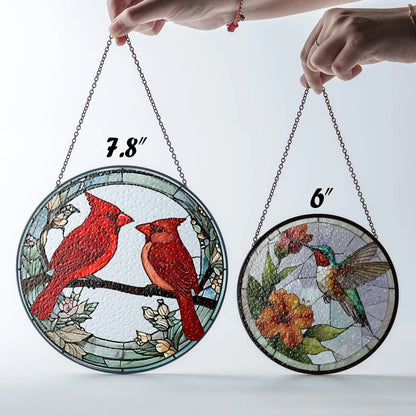 Netecom Male and Female Red Cardinal Stained Glass Suncatcher – Lovebirds Window Hanging, Gifts for Mom and Couples, Red Bird SunCatcher