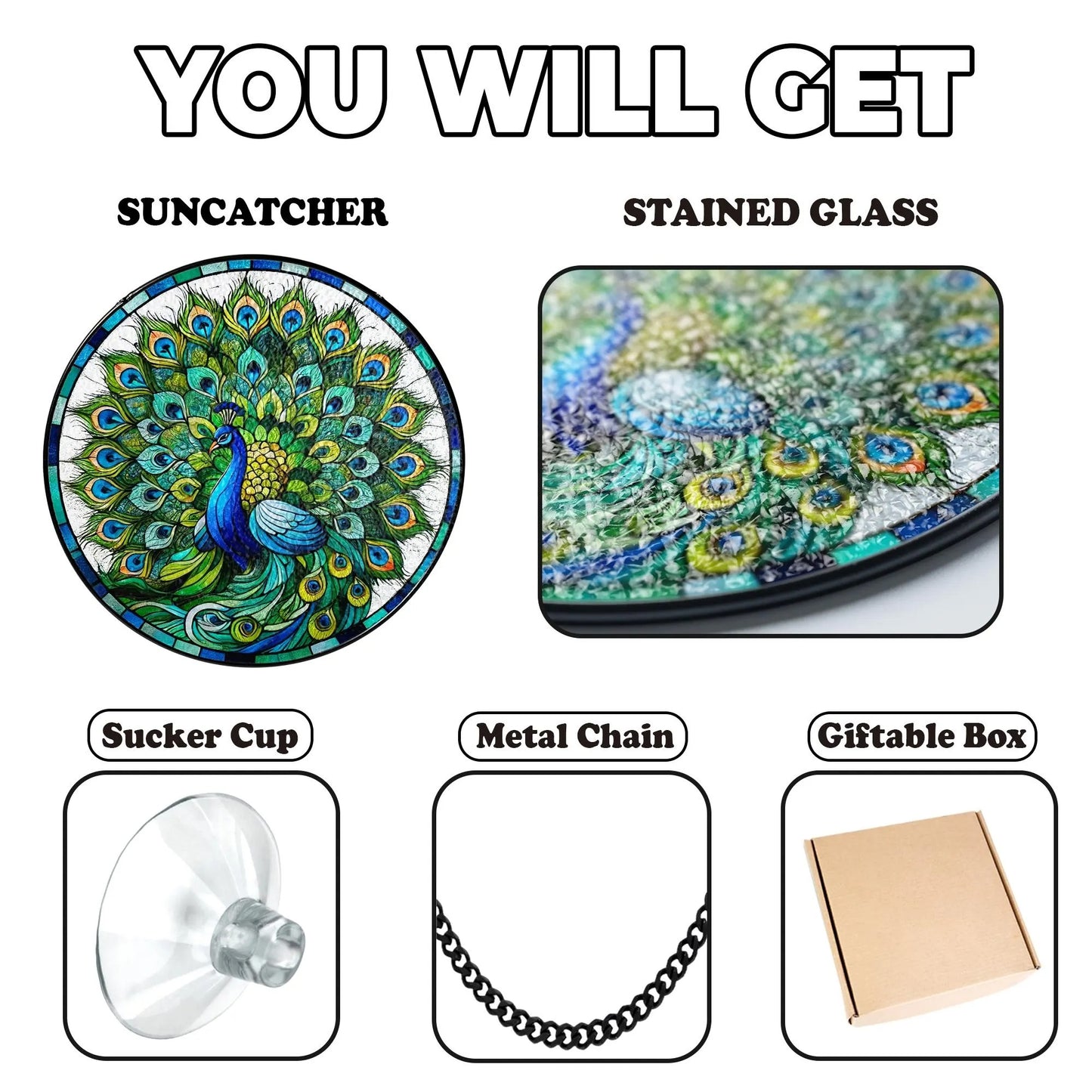 Netecom Peacock Stained Glass Suncatcher Window Hanging, Floral Peacock Art Decor, Colorful Window Ornament, Gift for Peacock Lovers Nature Fans