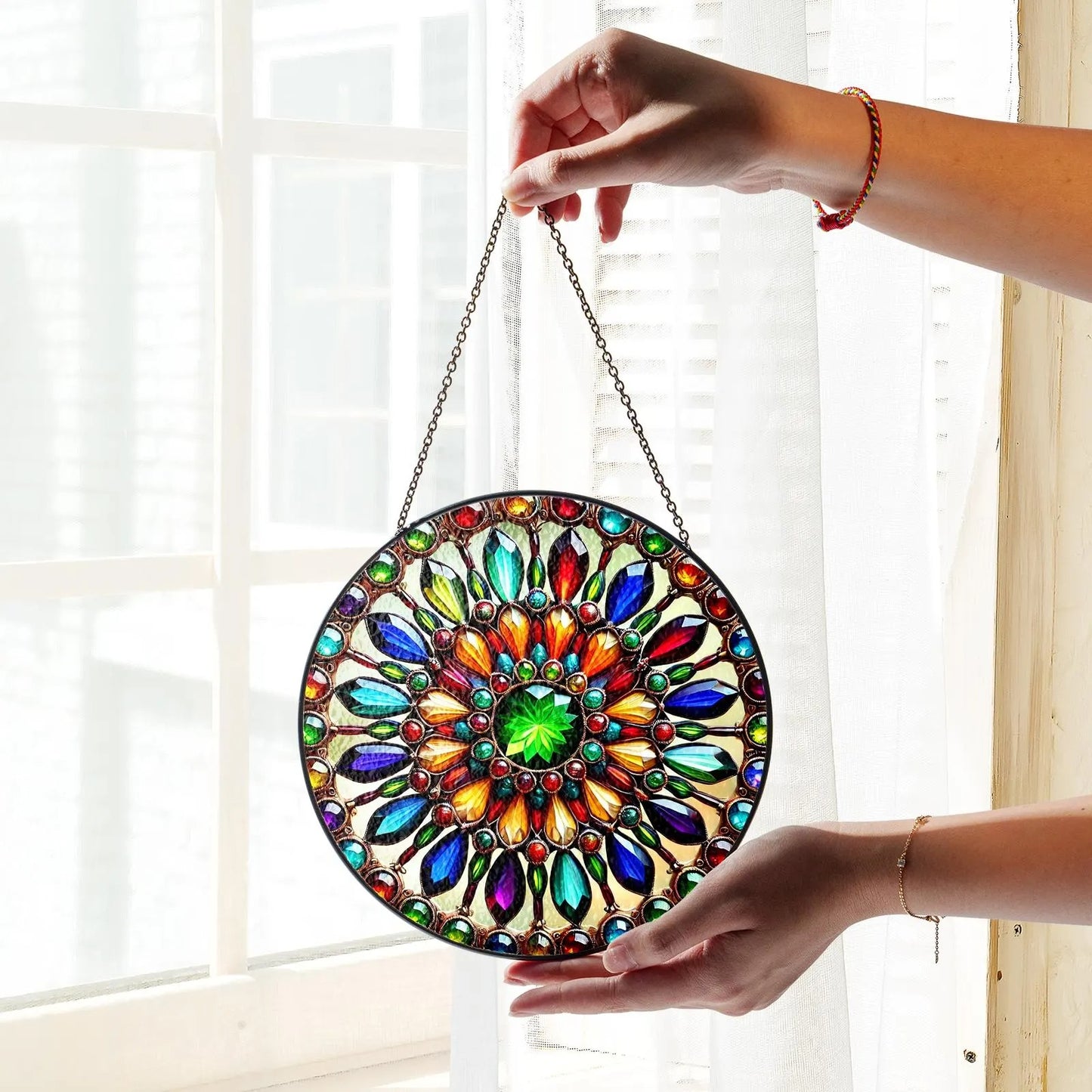 Netecom Mandala Stained Glass Suncatcher – Spiritual Healing Window Hanging, Yoga Decor, Boho Energy Healing Ornament, Chakra and Meditation Sun Catcher
