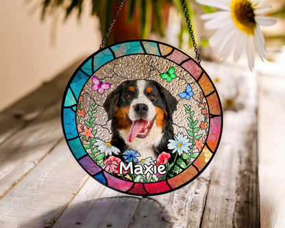 Netecom Custom Dog Suncatcher With Name, Pet Portrait Stained Glass Suncatcher, Pet Loss Sympathy, Dog Memorial Gift, Cat Memorial Photo, Window Hanging
