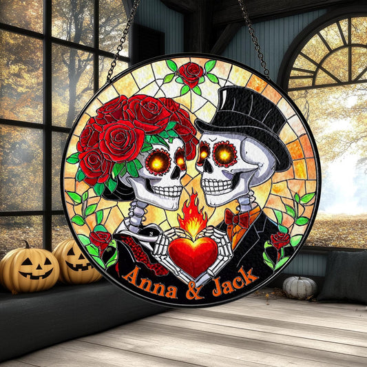 Netecom Skeleton Couple Gothic Stained Glass Suncatcher – Forever My Boo Wedding Decor, Halloween Anniversary Gift, Spooky Couple Window Hanging