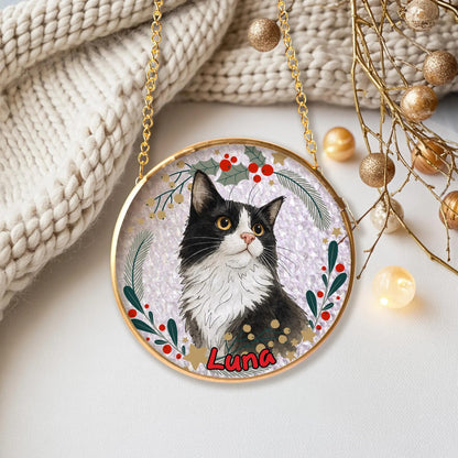 Netecom Custom Pet Portrait Stained Glass Suncatcher – Personalized Pet Memorial Gift, Dog, Cat, Parrot, Horse Ornament, Golden Frame Window Hanging Decor