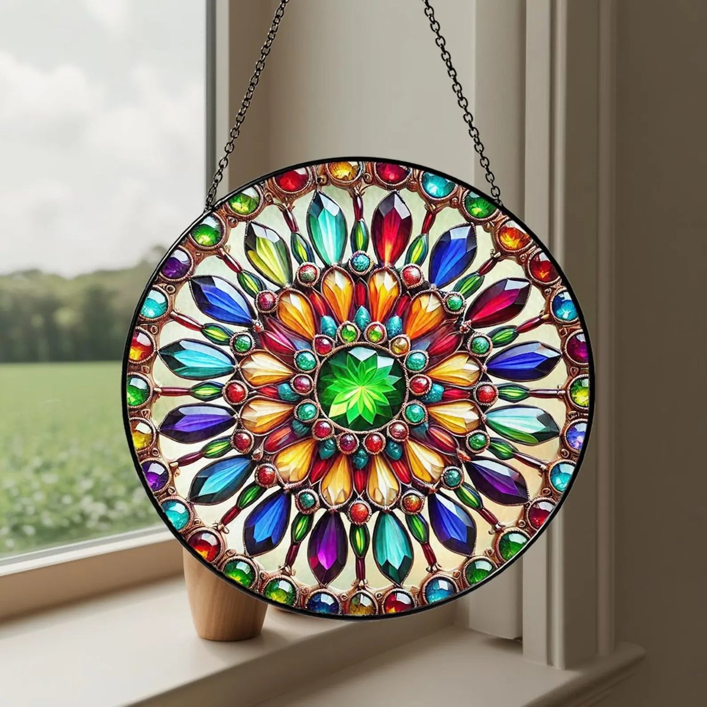 Netecom Mandala Stained Glass Suncatcher – Spiritual Healing Window Hanging, Yoga Decor, Boho Energy Healing Ornament, Chakra and Meditation Sun Catcher