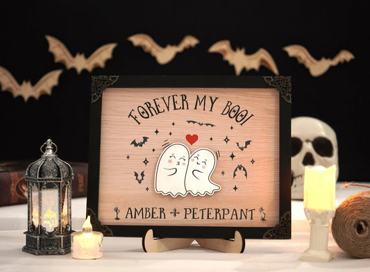 Netecom Personalized Forever My Boo Wooden Halloween Sign, Cute Ghost Couple Decor with Heart, Custom Name Halloween Home Decor, Spooky Farmhouse Gift for Couples