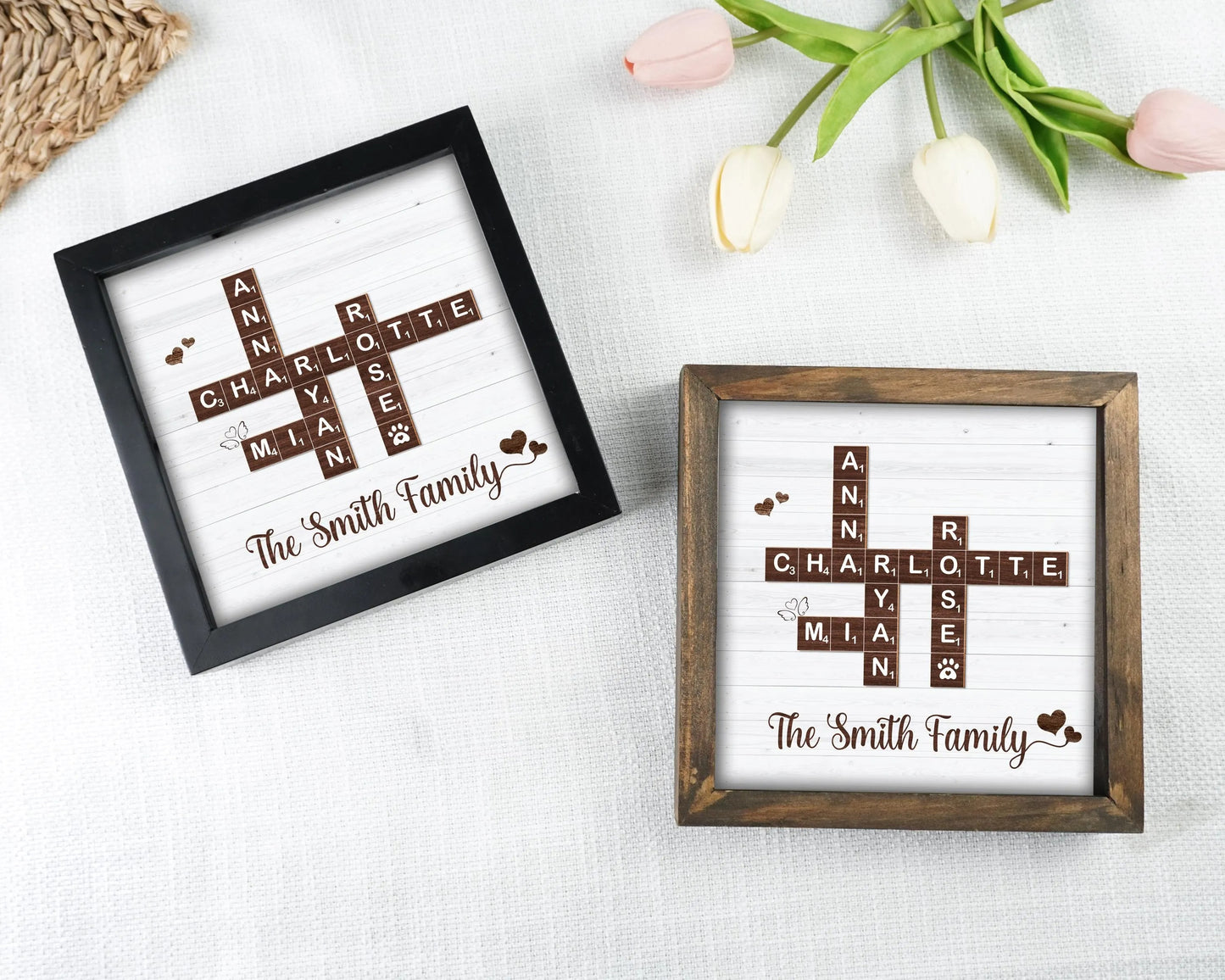 Netecom Personalized Family Scrabble Puzzle Frame Custom Family Name Sign Grandkids Keepsake Family Memory Board