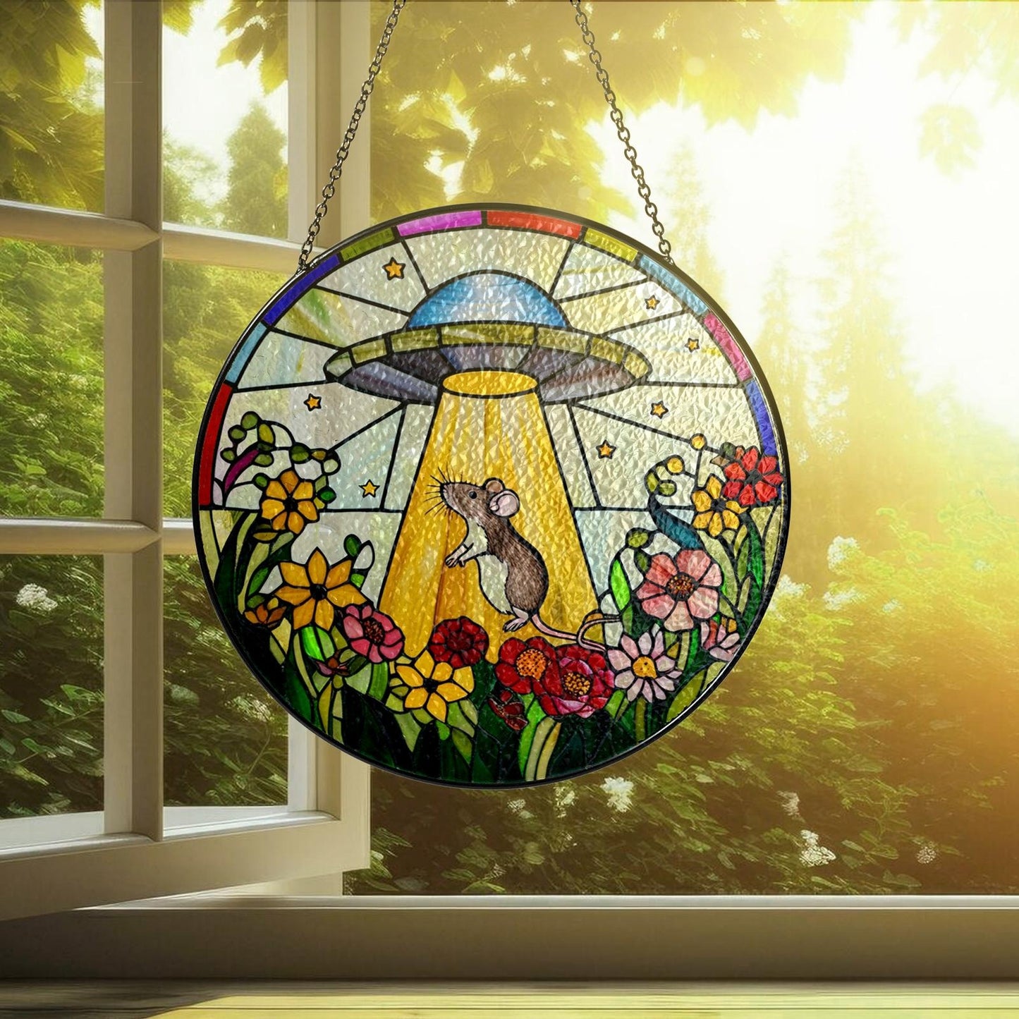Netecom UFO Abduction Opossum Stained Glass Suncatcher – Funny Window Hanging, Opossum and Alien Decor, Unique Gift for Women, Indoor Acrylic Sun Catcher