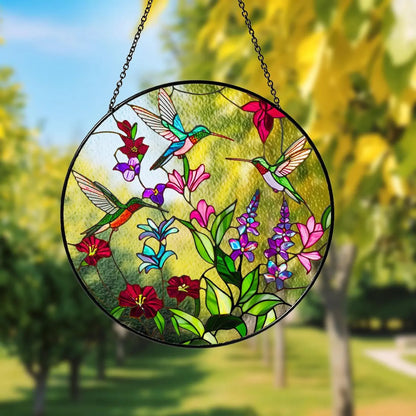 Netecom Hummingbird Glass Suncatcher – Hummingbirds and Wild Flowers Stained Glass, Window Hanging Ornament, Hummingbird Lover Gift, Home Decor for Women