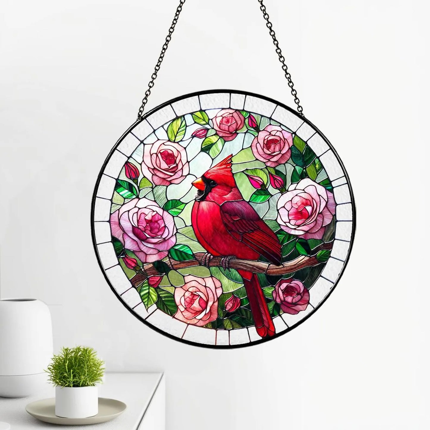 Netecom Red Cardinal Stained Glass Suncatcher – Cardinal Glass Art, Window Hanging Decor, Bird Lover Gift for Mom, Grandma, Mother’s Day, Home Decor
