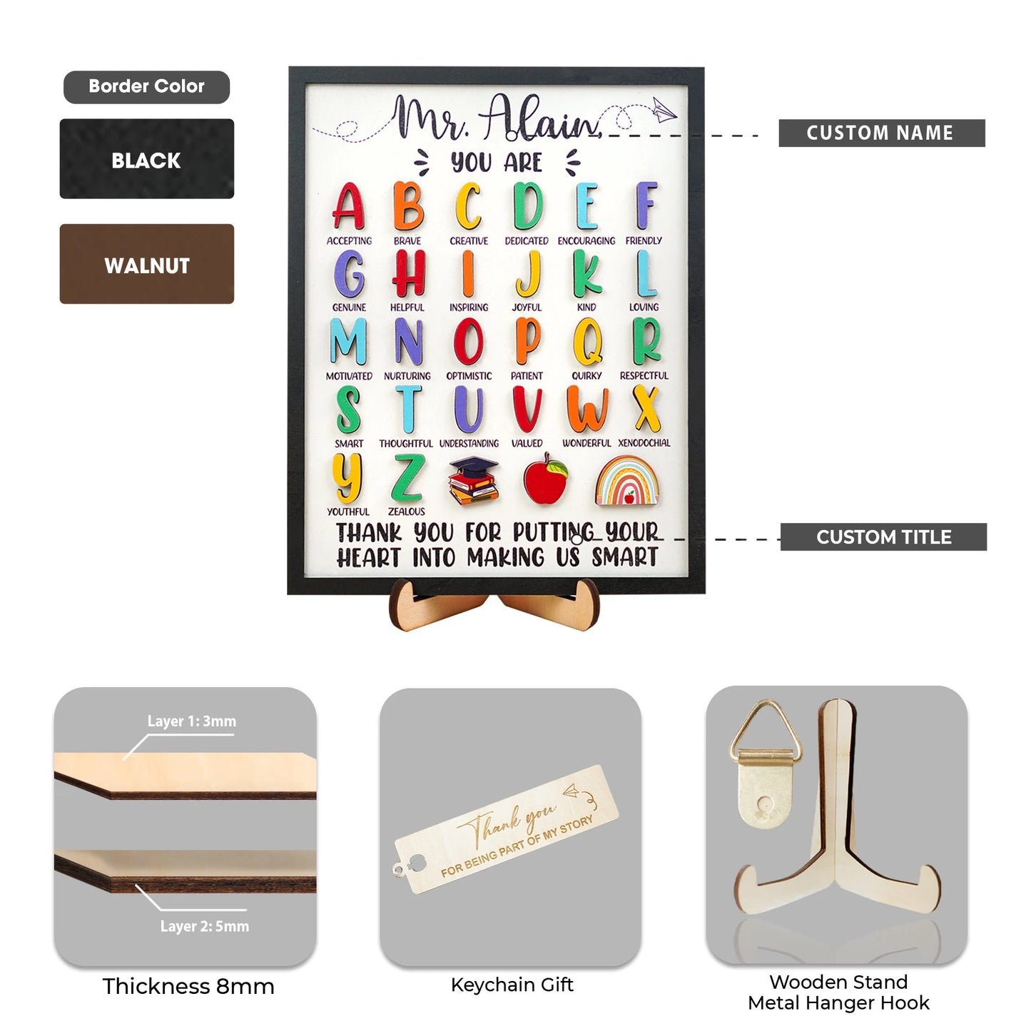 Netecom Personalized ABC Teacher Appreciation Wooden Sign, Custom Teacher Name Wall Art, A to Z Classroom Decor, Thank You Gift for Preschool & Kindergarten Teachers