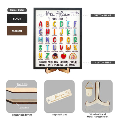 Netecom Personalized ABC Teacher Appreciation Wooden Sign, Custom Teacher Name Wall Art, A to Z Classroom Decor, Thank You Gift for Preschool & Kindergarten Teachers