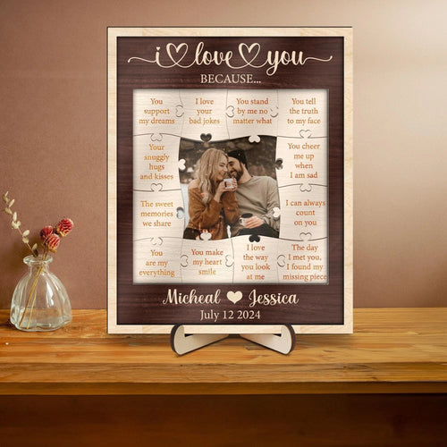 Netecom 12 Reasons Why I Love You Wooden Puzzle, Personalized Valentine’s Day Gift for Him or Her, Custom Romantic Wood Frame, Birthday Gift for Boyfriend Girlfriend