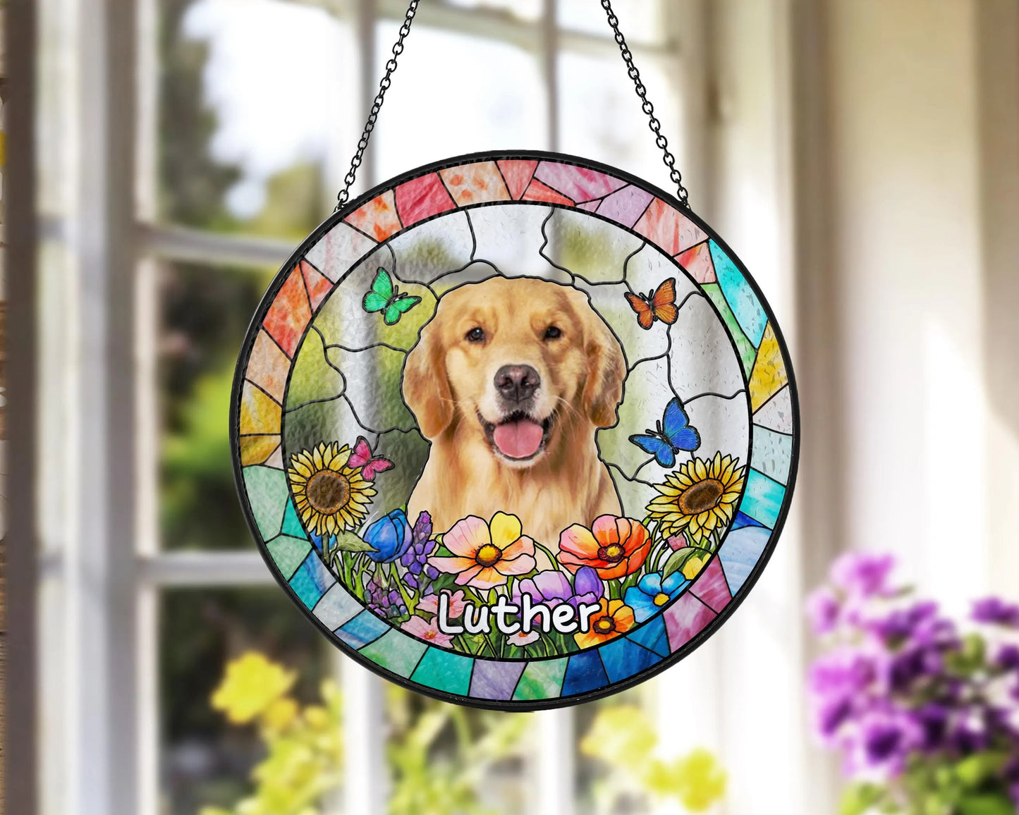 Netecom Custom Dog Suncatcher With Name, Pet Portrait Stained Glass Suncatcher, Pet Loss Sympathy, Dog Memorial Gift, Cat Memorial Photo, Window Hanging