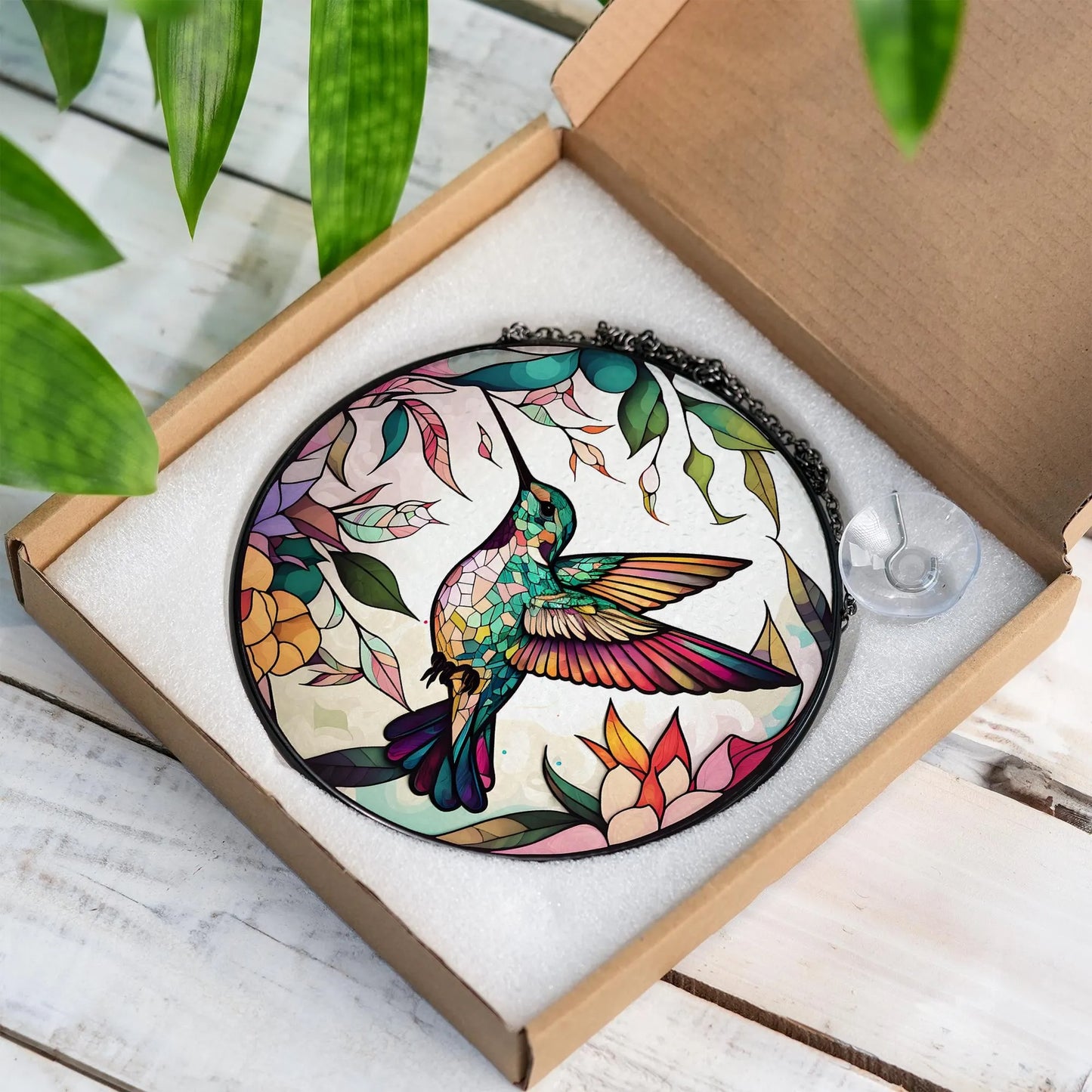 Netecom Hummingbird Stained Glass Suncatcher – Handcrafted Window Hanging, Bird Lover Gifts, Memorial Gift for Mom, Colorful Glass Art for Home Decor