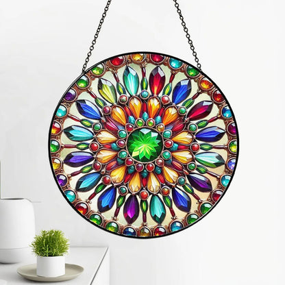 Netecom Mandala Stained Glass Suncatcher – Spiritual Healing Window Hanging, Yoga Decor, Boho Energy Healing Ornament, Chakra and Meditation Sun Catcher