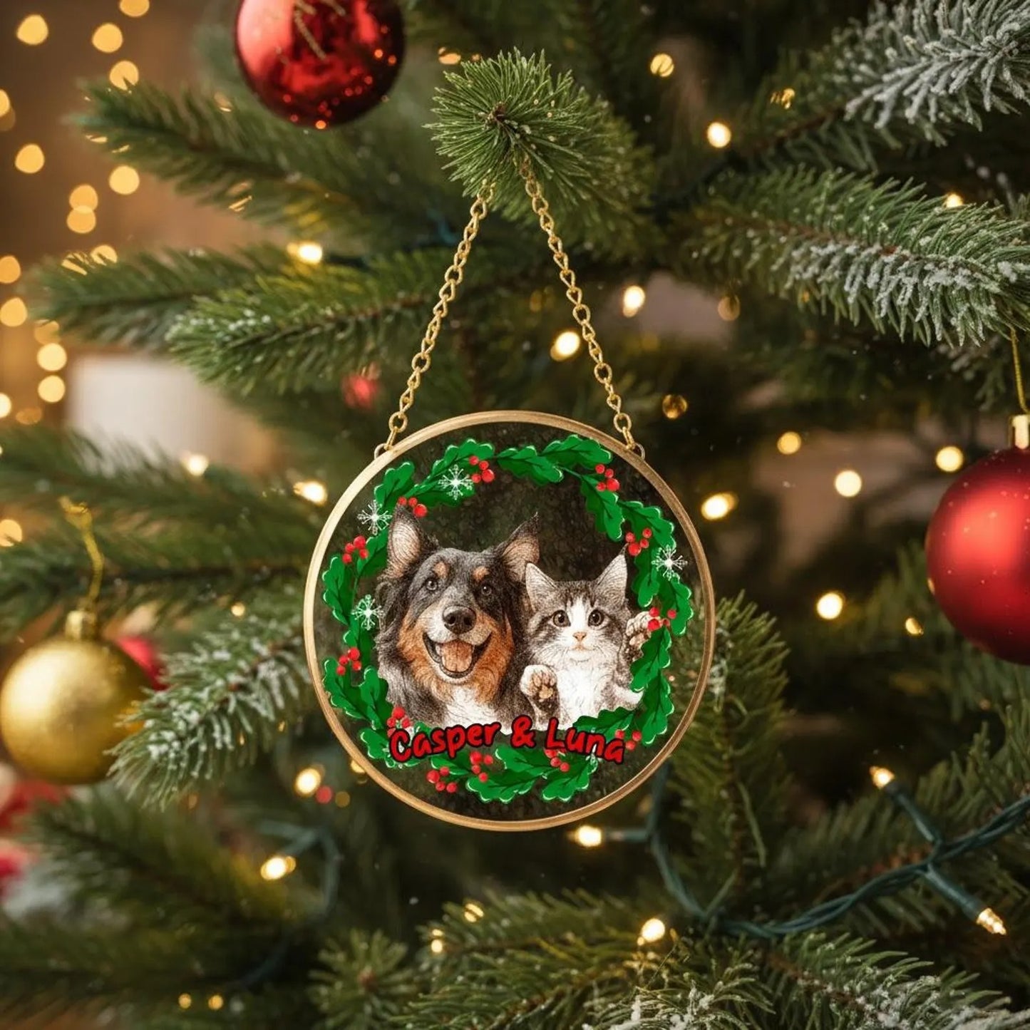 Netecom Custom Pet Portrait Stained Glass Suncatcher – Personalized Pet Memorial Gift, Dog, Cat, Parrot, Horse Ornament, Golden Frame Window Hanging Decor