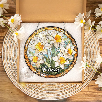 Netecom Personalized Birth Month Flower Stained Glass Suncatcher – Custom Birth Flower Gift, Mother’s Day Gift for Mom, Birthday Gift for Besties