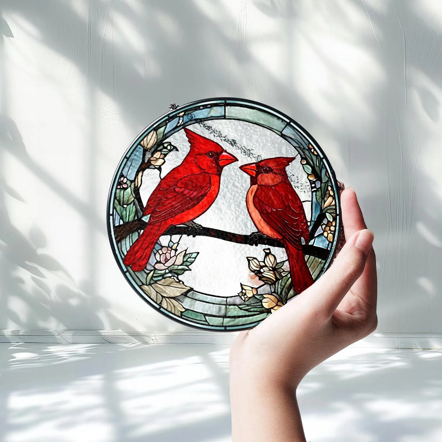 Netecom Male and Female Red Cardinal Stained Glass Suncatcher – Lovebirds Window Hanging, Gifts for Mom and Couples, Red Bird SunCatcher