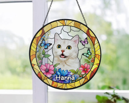 Netecom Custom Dog Suncatcher With Name, Pet Portrait Stained Glass Suncatcher, Pet Loss Sympathy, Dog Memorial Gift, Cat Memorial Photo, Window Hanging
