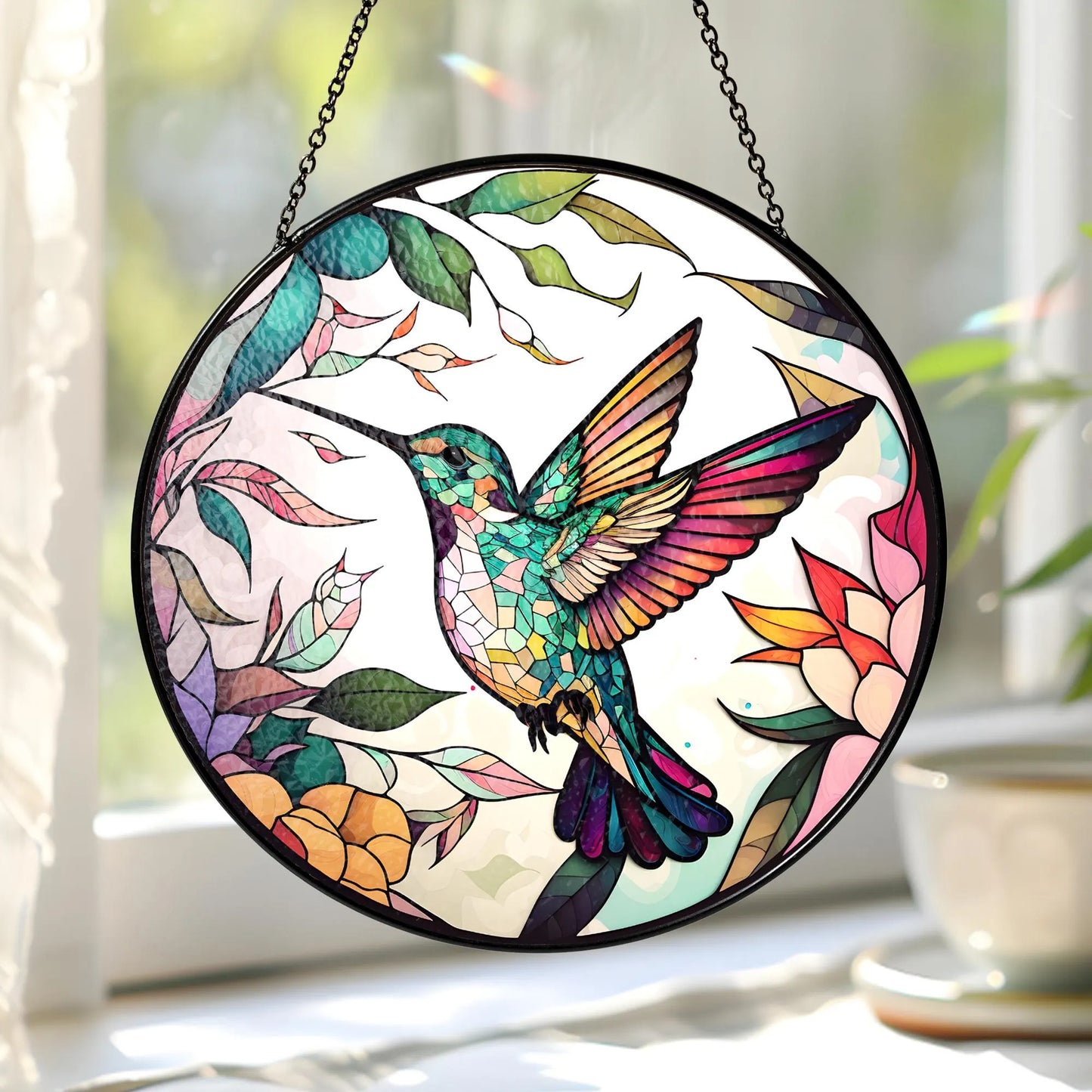 Netecom Hummingbird Stained Glass Suncatcher – Handcrafted Window Hanging, Bird Lover Gifts, Memorial Gift for Mom, Colorful Glass Art for Home Decor
