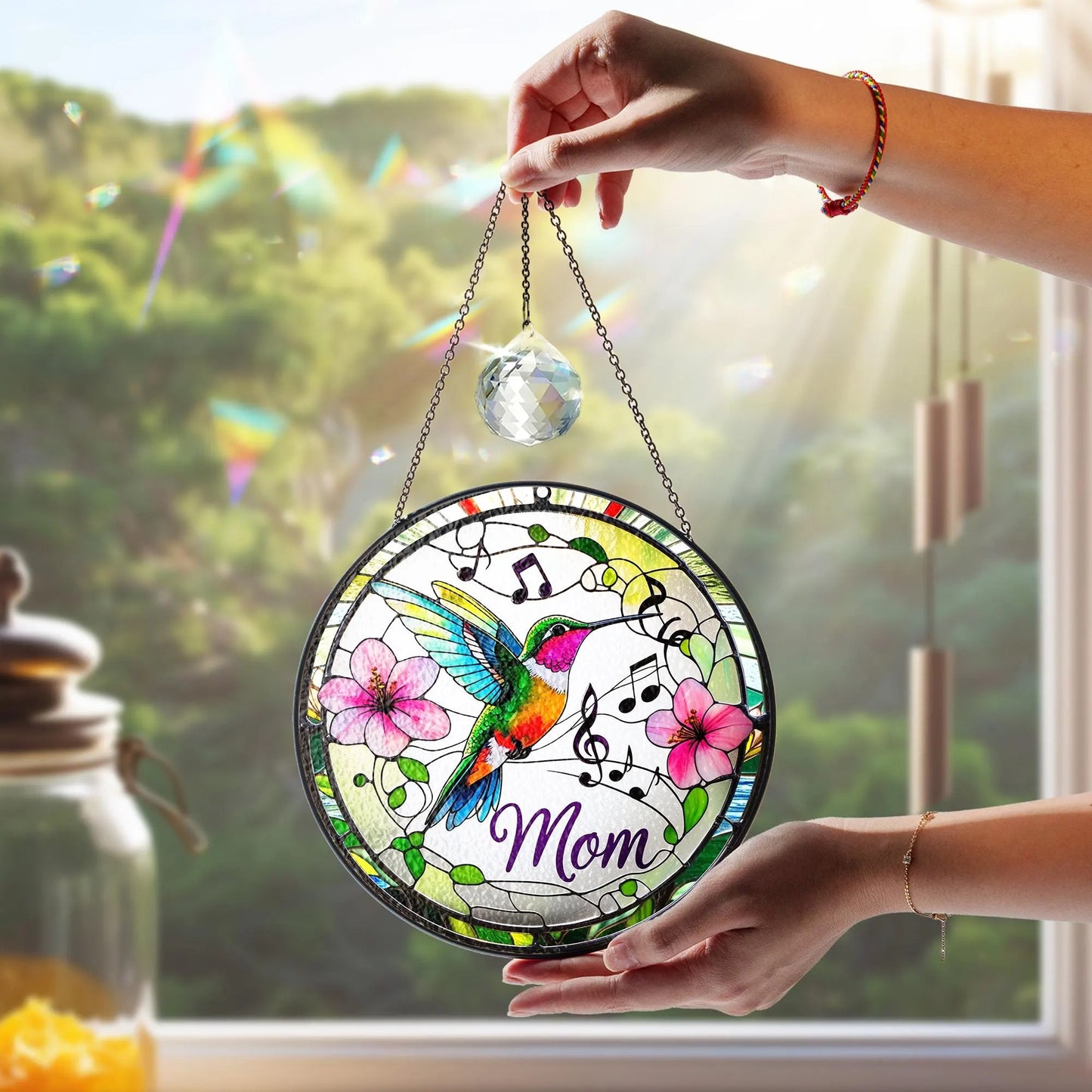 Netecom Personalized Hummingbird Stained Glass Suncatcher, Custom Window Hanging, Bird Ornament for Mom, Personalized Mother’s Day Gift, Nature Art